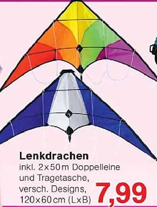 Lenkdrachen inklusive 2x50m Doppelleine und Tragetasche