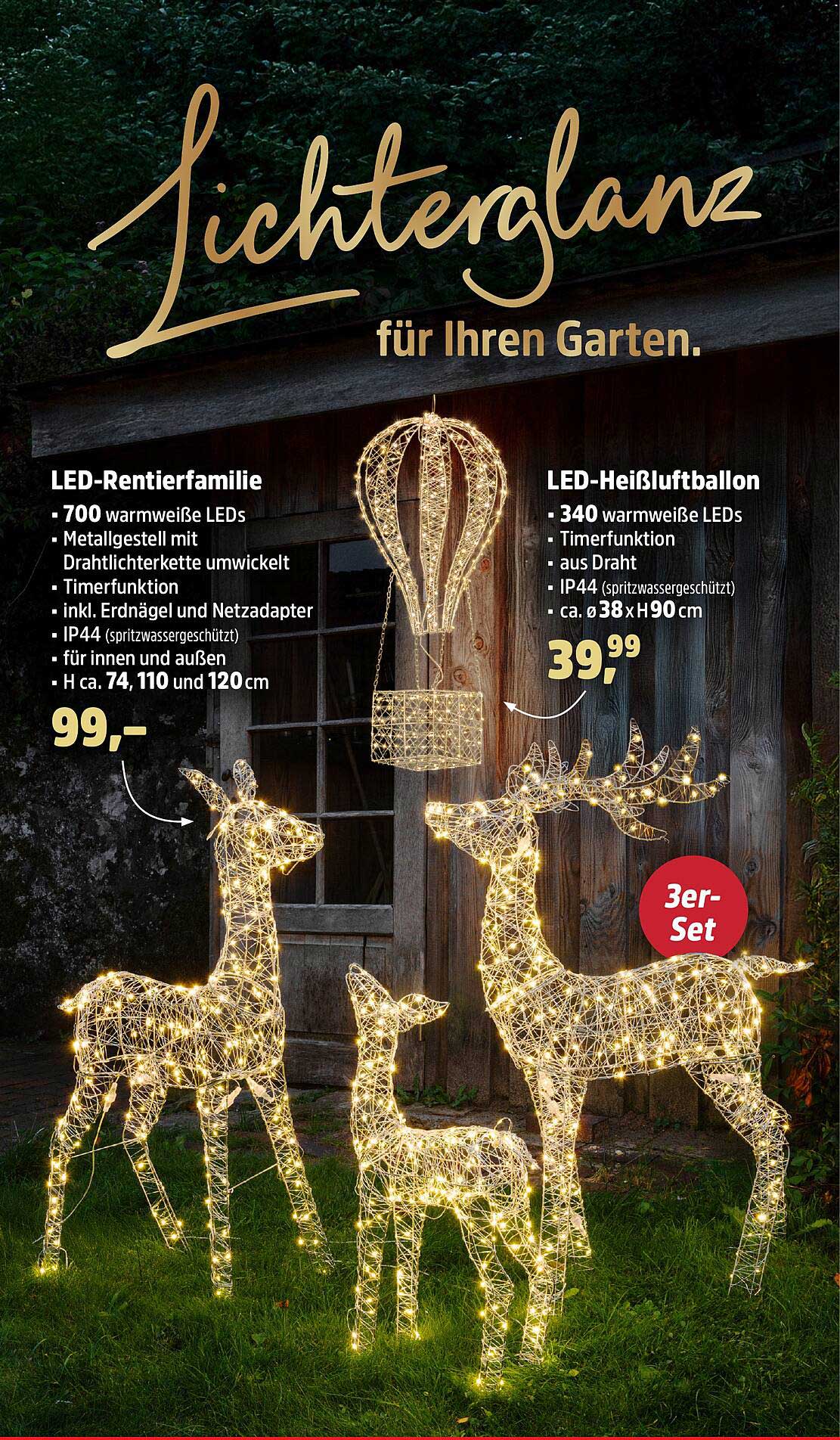 Lichterglanz für Ihren Garten: LED-Rentierfamilie und LED-Heißluftballon
