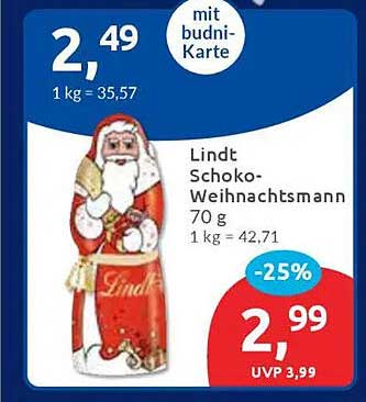 Lindt Schoko-Weihnachtsmann 70 g - nur 2,99 €