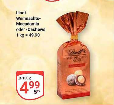 Lindt Weihnachts-Macadamia oder -Cashews