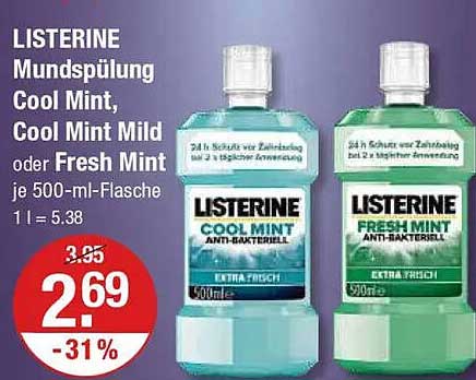 LISTERINE Mundspülung Cool Mint, Cool Mint Mild oder Fresh Mint je 500-ml-Flasche