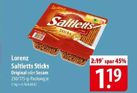 Lorenz Saltletts Sticks Original oder Sesam 250/175-g-Packung