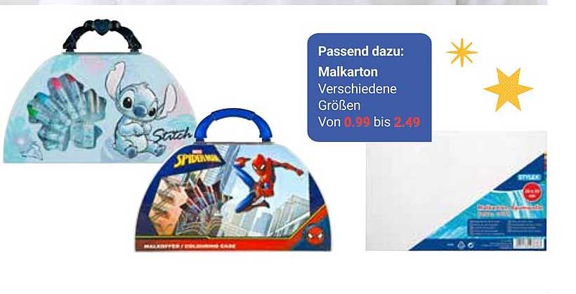 Malsets mit Spiderman und Stitch Motiven