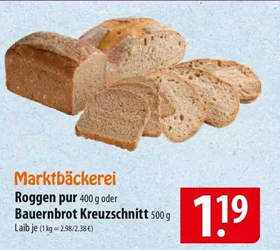 Marktbäckerei Roggen pur 400 g oder Bauernbrot Kreuzschnitt 500 g