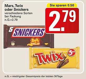 Mars, Twix oder Snickers 5er Packung