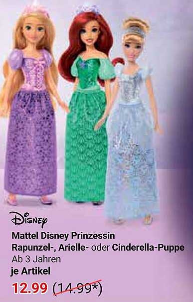 Mattel Disney Prinzessin - Rapunzel-, Arielle- oder Cinderella-Puppe, ab 3 Jahren