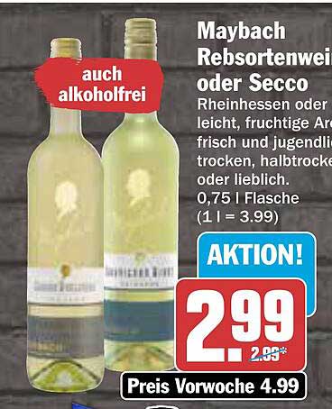 Maybach Rebsortenwein oder Secco, 0,75 l Flasche