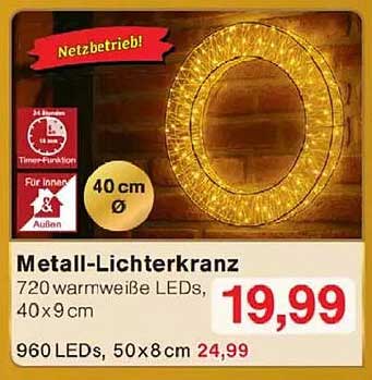 Metall-Lichterkranz mit 720 warmweißen LEDs, Ø 40 cm