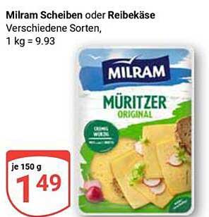 Milram Scheiben oder Reibekäse - MÜRITZER ORIGINAL, je 150 g für nur 1,49 €