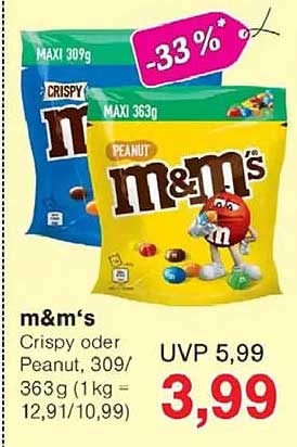 m&m’s Crispy oder Peanut, 309g/363g