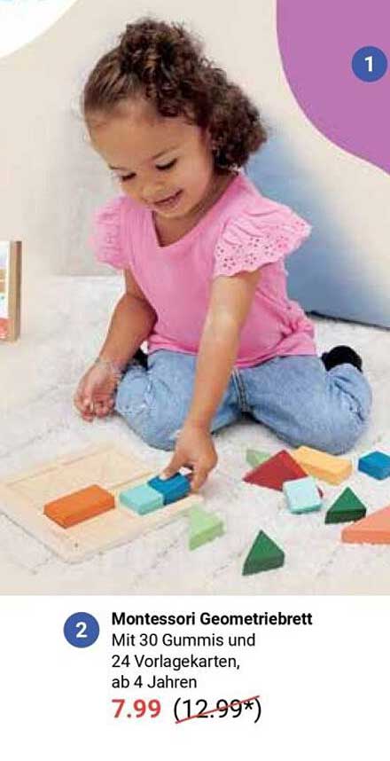 Montessori Geometriebrett mit 30 Gummis und 24 Vorlagekarten, ab 4 Jahren