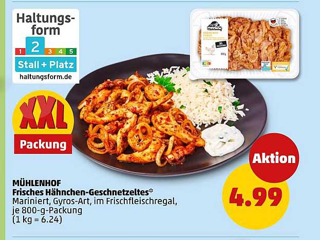 Mühlenhof Frisches Hähnchen-Geschnetzeltes, mariniert, Gyros-Art, im Frischfleischregal, 800-g-Packung