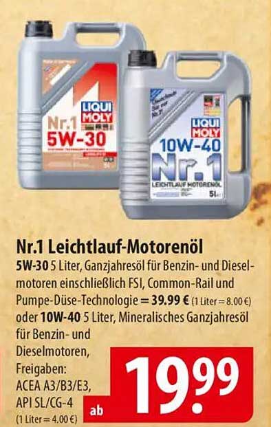 Nr.1 Leichtlauf-Motorenöl 5W-30 und 10W-40, 5 Liter
