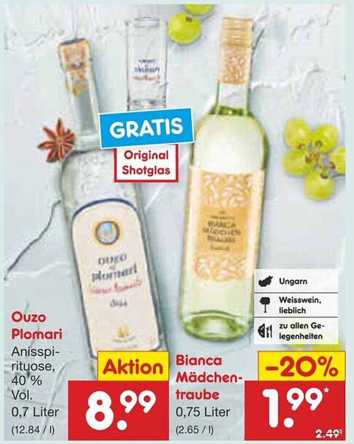 Ouzo Plomari Anisspirituose 0,7 Liter und Bianca Mädchen-Traube 0,75 Liter