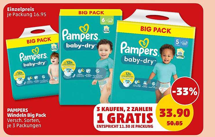 PAMPERS Windeln Big Pack – 3 kaufen, 2 zahlen, 1 gratis!
