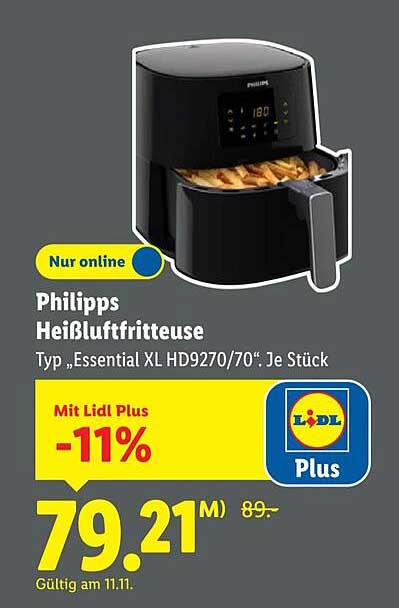 Philipps Heißluftfritteuse Typ „Essential XL HD9270/70“