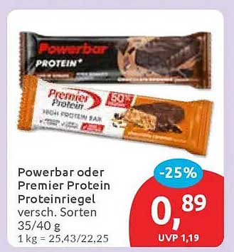 Powerbar oder Premier Protein Proteinriegel 35/40 g, verschiedene Sorten