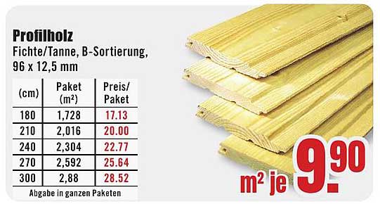 Profilholz Fichte/Tanne, B-Sortierung, 96 x 12,5 mm