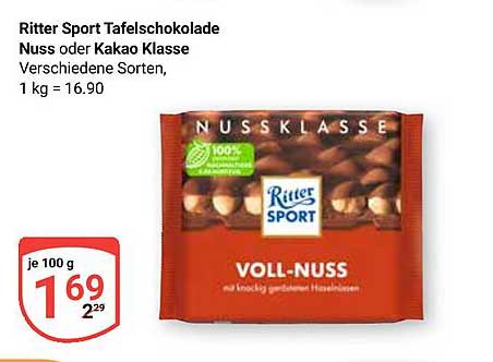 Ritter Sport Tafel-Schokolade Nuss oder Kakao Klasse - Voll-Nuss