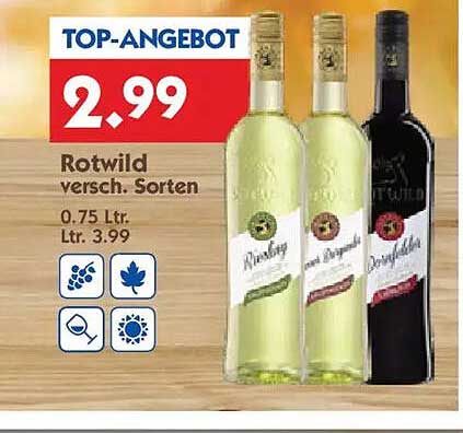 Rotwild verschiedene Sorten - 0,75 L für nur 2,99 €