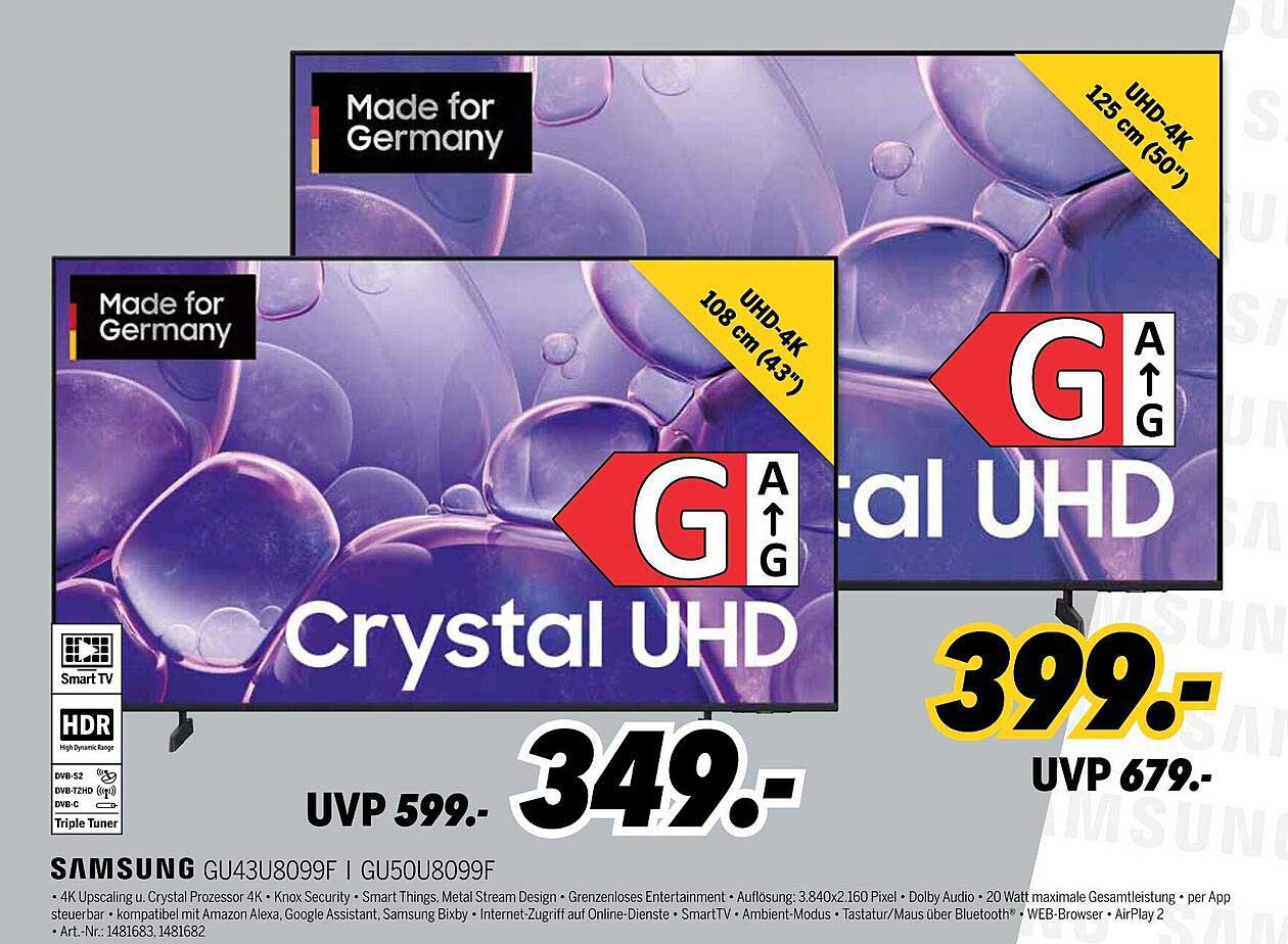 Samsung Crystal UHD Fernseher 108 cm (43") und 125 cm (50") - Jetzt sparen!