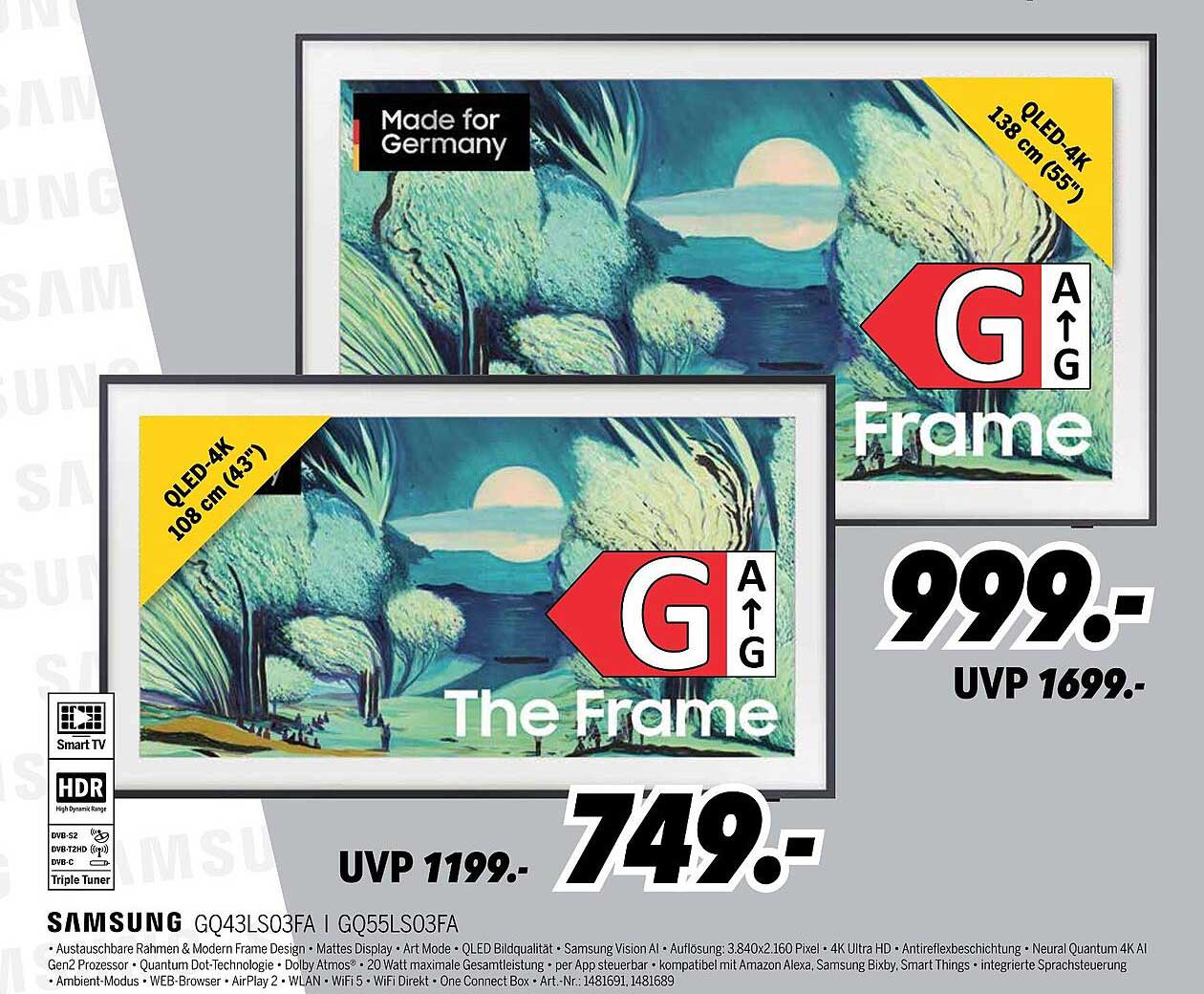 Samsung QLED 4K Fernseher The Frame 108 cm (43") und 138 cm (55")