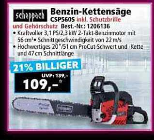 Scheppach Benzin-Kettensäge CSP560S inkl. Schutzbrille und Gehörschutz