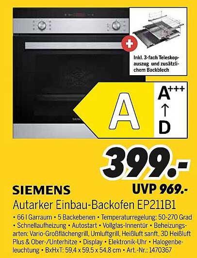 SIEMENS Autarker Einbau-Backofen EP211B1
