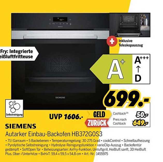 SIEMENS Autarker Einbau-Backofen HB372GOS3