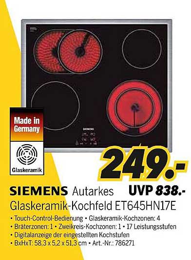 SIEMENS Autarkes Glaskeramik-Kochfeld ET645HN17E - nur 249€ statt 838€!