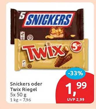 Snickers oder Twix Riegel 5x 50 g