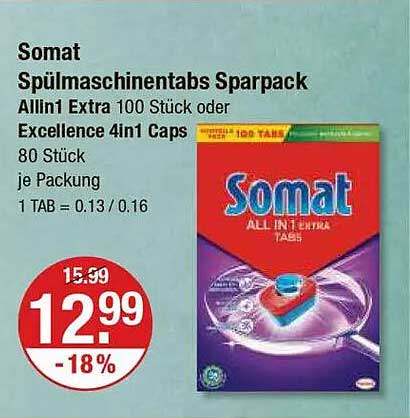 Somat Spülmaschinentabs Sparpack Allin1 Extra 100 Stück oder Excellence 4in1 Caps 80 Stück