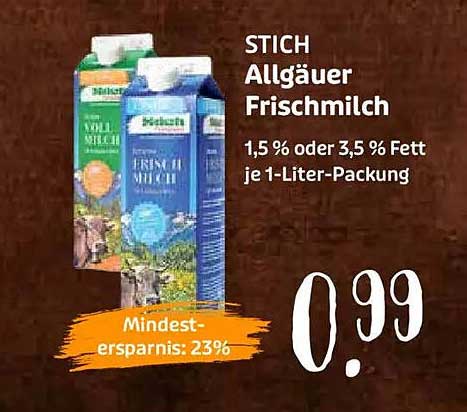 STICH Allgäuer Frischmilch 1,5 % oder 3,5 % Fett je 1-Liter-Packung