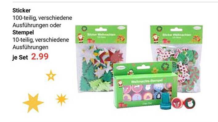 Sticker 100-teilig, verschiedene Ausführungen oder Stempel 10-teilig, verschiedene Ausführungen