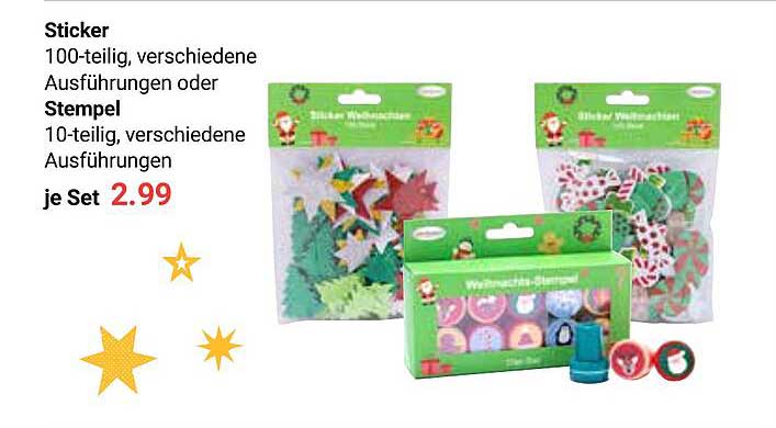 Sticker 100-teilig, verschiedene Ausführungen oder Stempel 10-teilig, verschiedene Ausführungen je Set