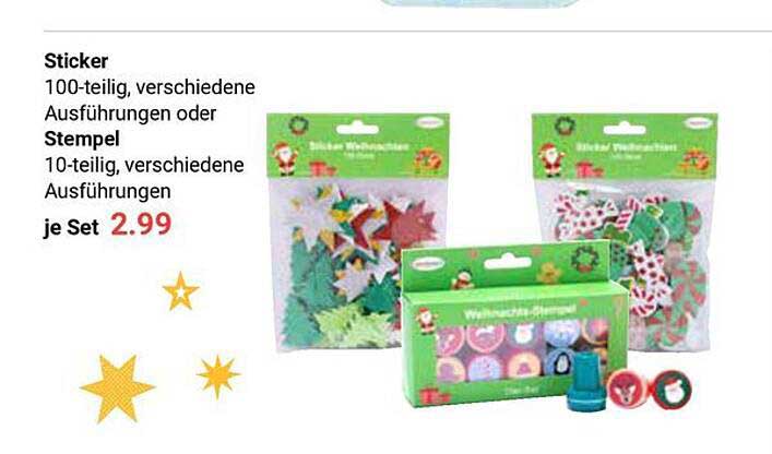 Sticker 100-teilig, verschiedene Ausführungen oder Stempel 10-teilig, verschiedene Ausführungen