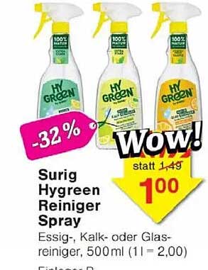 Surig Hygreen Reiniger Spray - Essig-, Kalk- oder Glasreiniger, 500ml