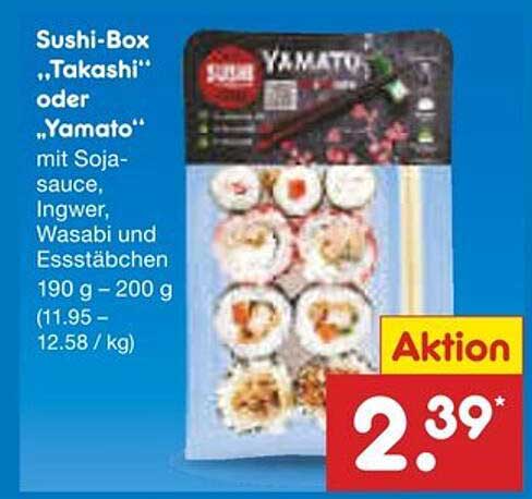 Sushi-Box "Takashi" oder "Yamato" mit Sojasauce, Ingwer, Wasabi und Essstäbchen