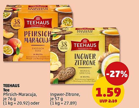TEEHAUS Tee Pfirsich-Maracuja & Ingwer-Zitrone, je 76 g bzw. 57 g