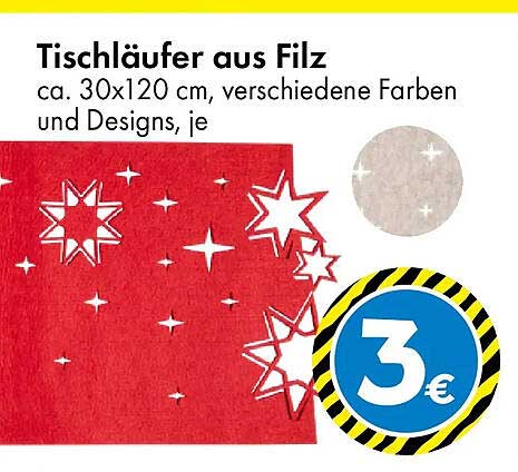 Tischläufer aus Filz - ca. 30x120 cm, verschiedene Farben und Designs, je 3 €