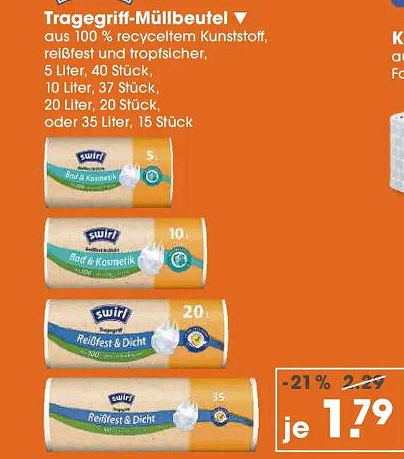 Tragegriff-Müllbeutel, 100 % recycelter Kunststoff, verschiedene Größen