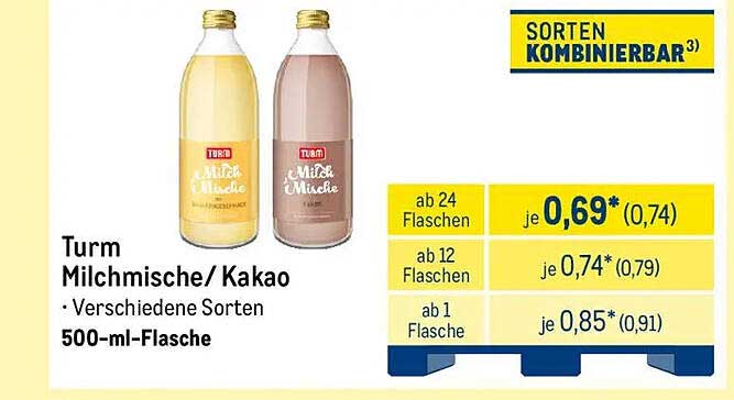 Turm Milchmischgetränk/Kakao – 500-ml-Flasche in verschiedenen Sorten