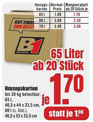 Umzugskarton 65 Liter ab 20 Stück für nur 1,70 € je Stück