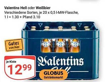 Valentins Hell oder Weißbier - Kiste mit 20 x 0,5 l-MW-Flasche