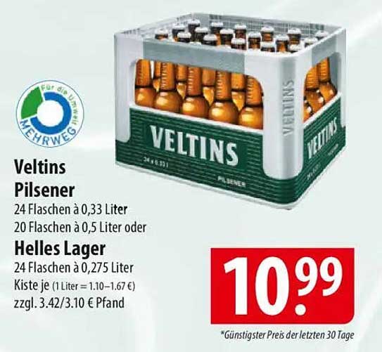 Veltins Pilsener 24 Flaschen à 0,33 Liter oder 20 Flaschen à 0,5 Liter – Helles Lager