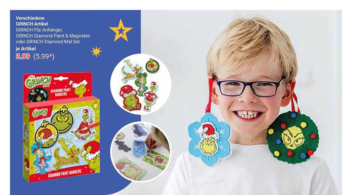 Verschiedene GRINCH Artikel: GRINCH Filz Anhänger, Diamond Paint & Magneten oder Diamond Mal Set