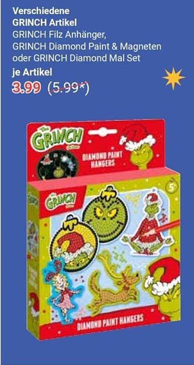 Verschiedene GRINCH Artikel – GRINCH Filz Anhänger, GRINCH Diamond Paint & Magnete oder GRINCH Diamond Mal Set