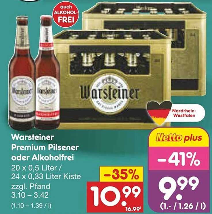 Warsteiner Premium Pilsener oder Alkoholfrei 20 x 0,5 Liter / 24 x 0,33 Liter Kiste