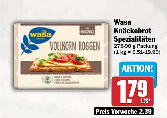 Wasa Knäckebrot Spezialitäten Vollkorn Roggen 275-90 g