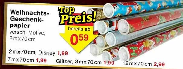 Weihnachts-Geschenkpapier - verschiedene Motive, 2 m x 70 cm